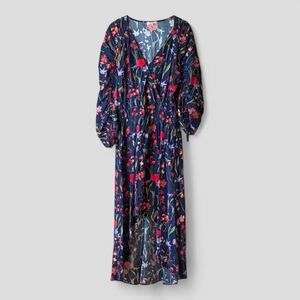 Parker Silk Faux Wrap High‎ Low Maxi Flounced Floral Navy Ribbon Sleeve Dress S